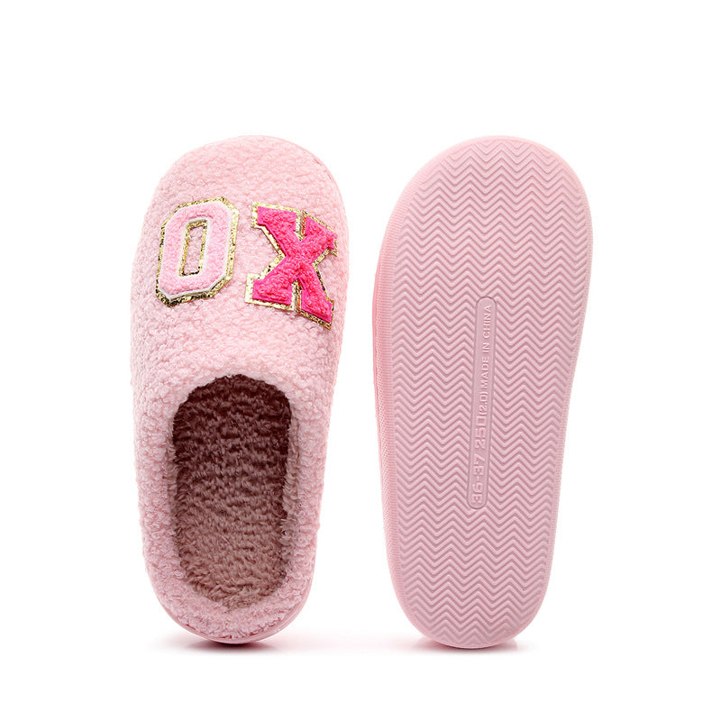 Warm Grid Letter Cotton Women's Slippers