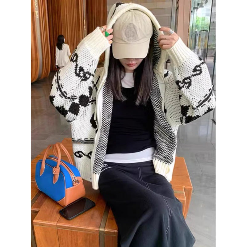 Vintage Jacquard Contrast Color Hooded Sweater