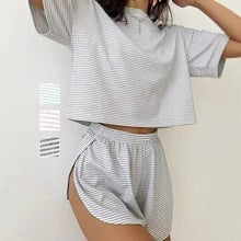 Women's Striped Casual Short-sleeved Top With Side Slit Shorts Set